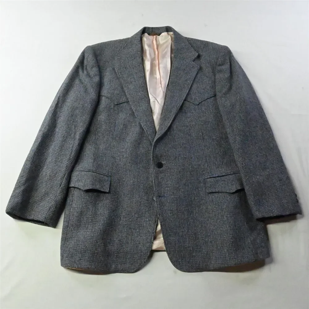Vtg Pagano West 48L Blue‎ Tweed Wool Western Yoke Mens Blazer Jacket Sport Coat